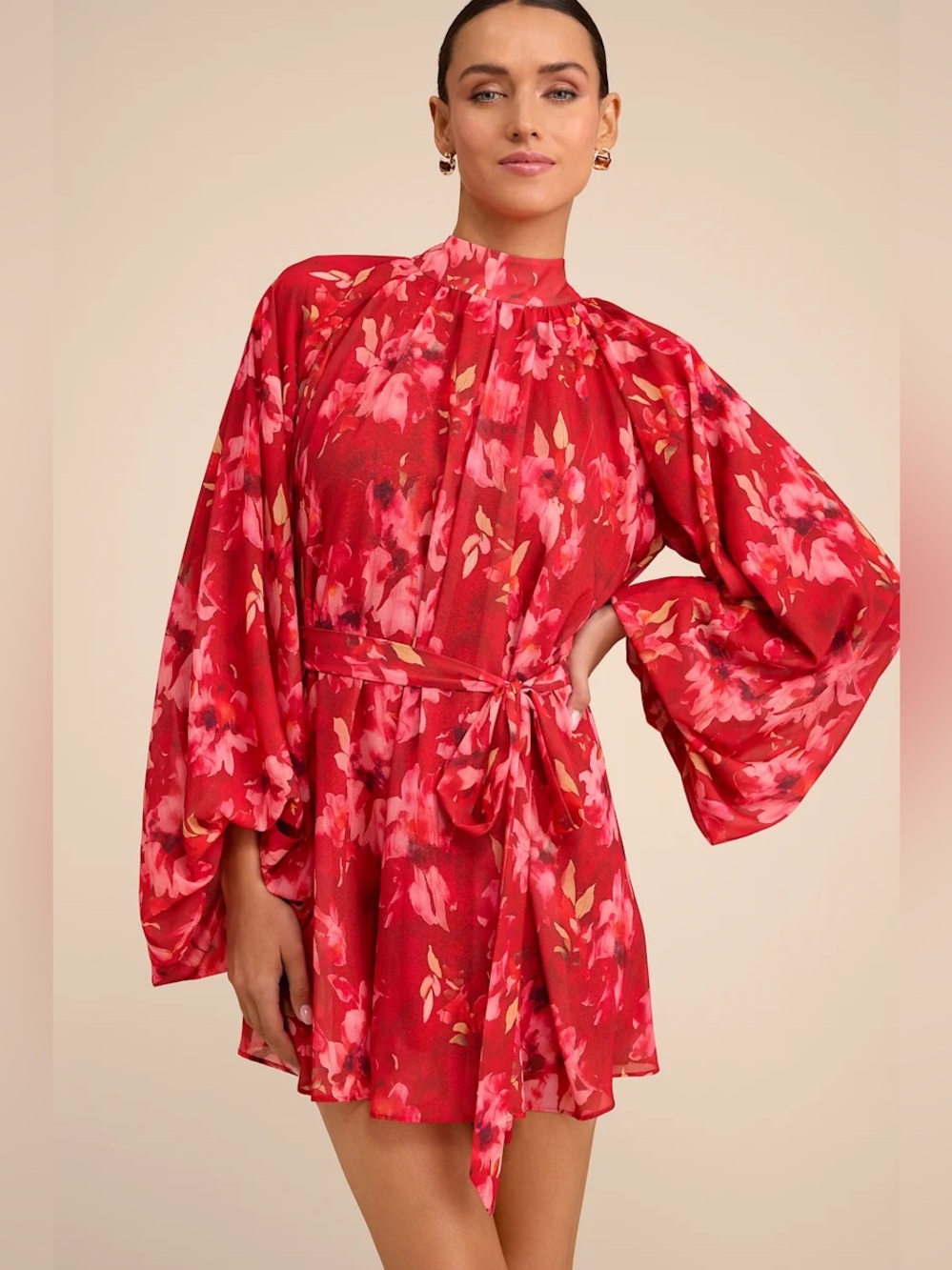 Lulus Lata Red Floral Mock Neck Belted Mini Dress - Picture 5 of 10